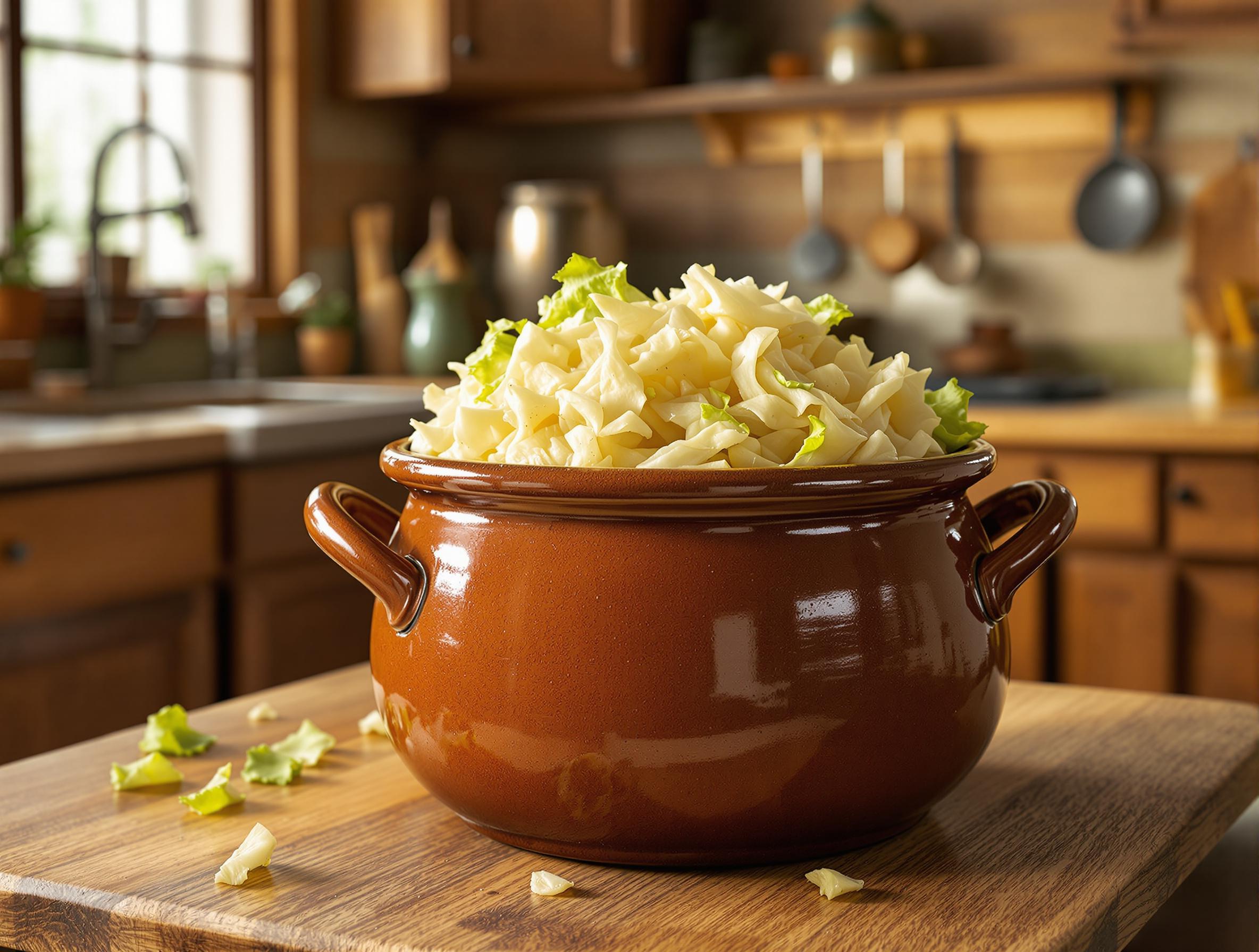 Sauerkraut in einem irdenen Steintopf