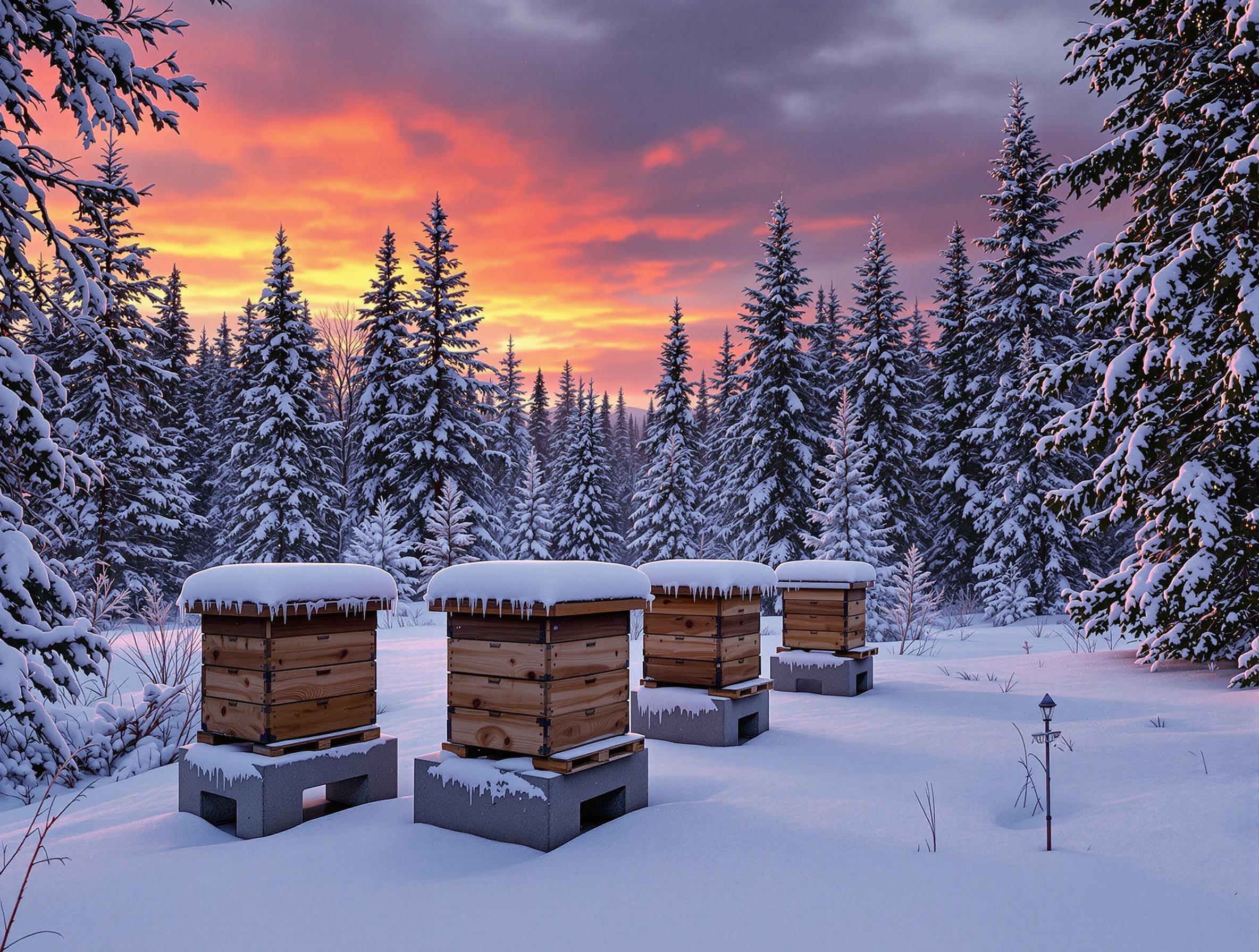 winterliche Abendszene in einem Tannenwald mit vier eingewinterten Bienenbeuten