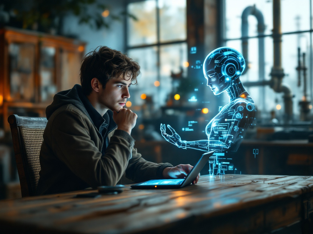 Schüler mit KI-Avatar vor Tablet (generiert mit flux.ai). Im Hintergrund Destillationskollonnen.